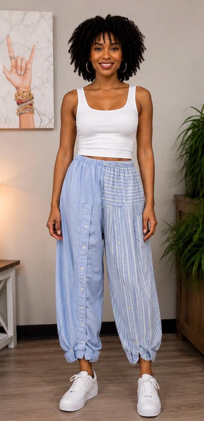 Upcycled Men’s Shirt Balloon Pants | Handmade Boho Pants | Sustainable Lounge Pants | One of a Kind Patchwork Pants