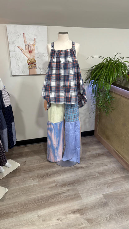 Upcycled Patchwork Two Piece Set | Reversible Flowy Top & Wide Leg Pants Made From Mens Shirts