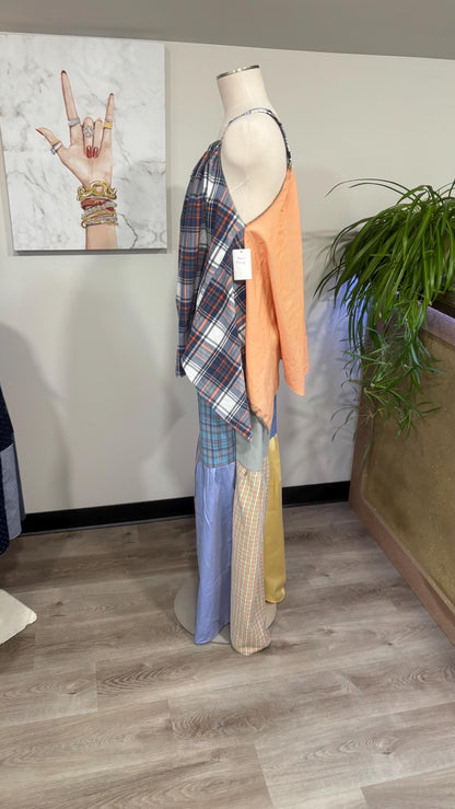 Upcycled Patchwork Two Piece Set | Reversible Flowy Top & Wide Leg Pants Made From Mens Shirts
