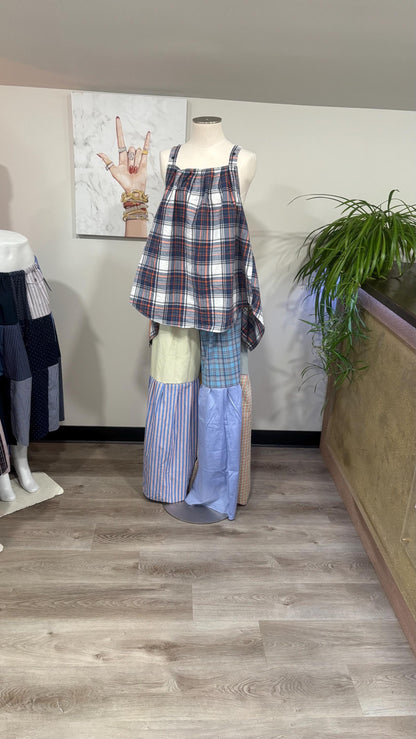 Upcycled Patchwork Two Piece Set | Reversible Flowy Top & Wide Leg Pants Made From Mens Shirts