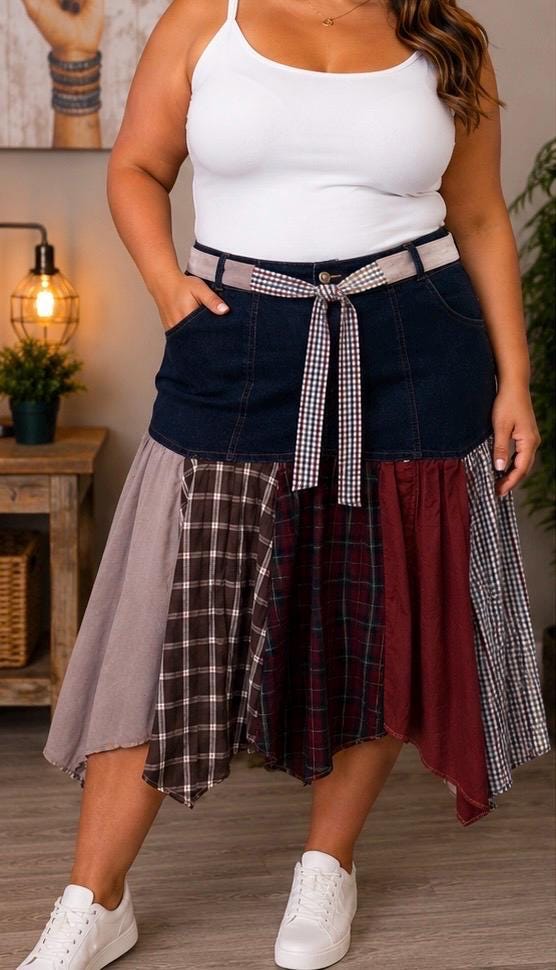 Reworked Denim Skirt | Upcycled Jeans & Mens Shirt Skirt | One-of-a-Kind l