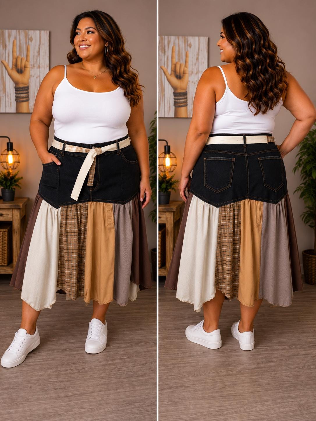 Reworked Denim Skirt | Upcycled Jeans & Mens Shirt Skirt | One-of-a-Kind