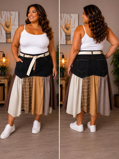 Reworked Denim Skirt | Upcycled Jeans & Mens Shirt Skirt | One-of-a-Kind