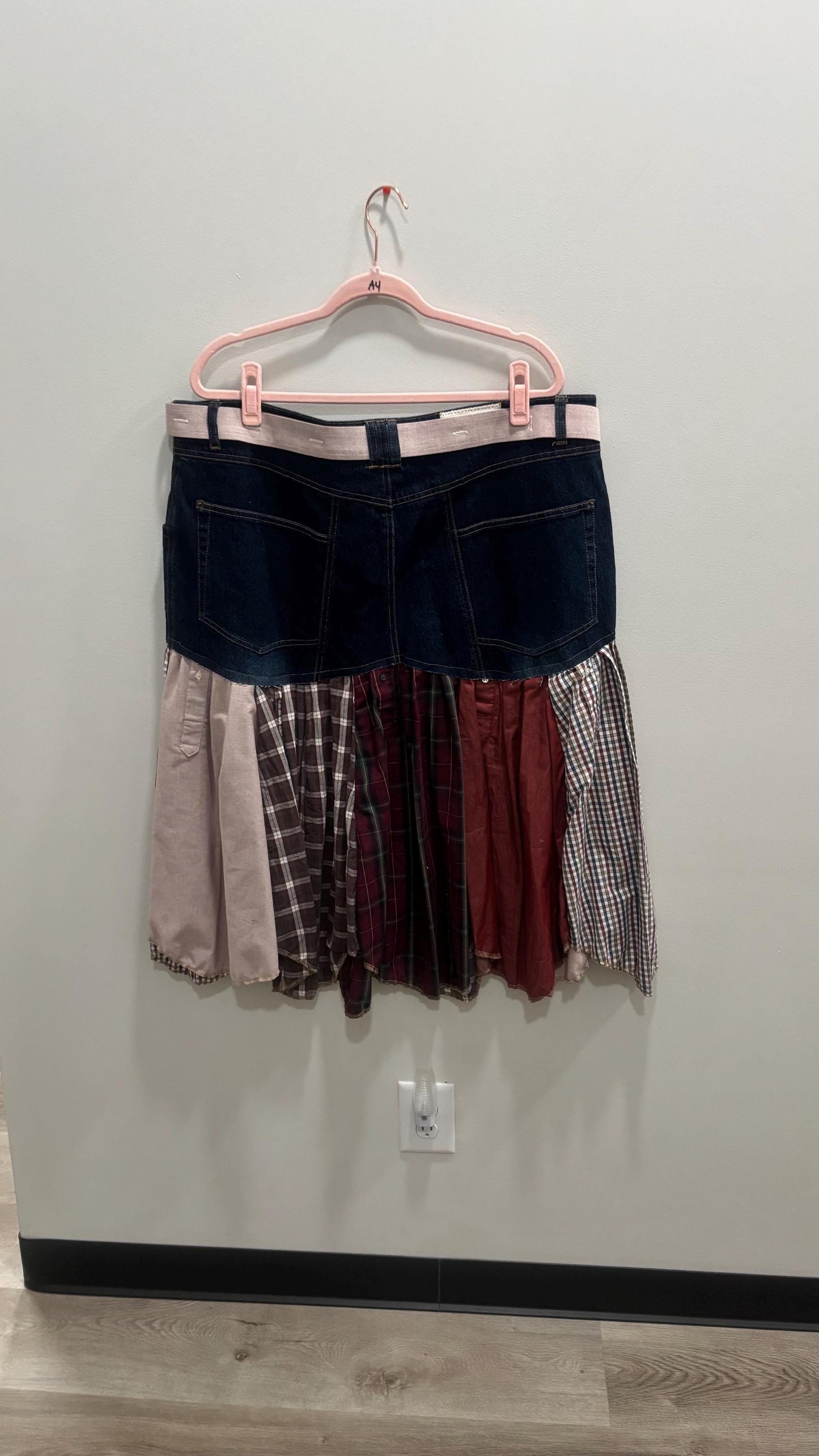 Reworked Denim Skirt | Upcycled Jeans & Mens Shirt Skirt | One-of-a-Kind l