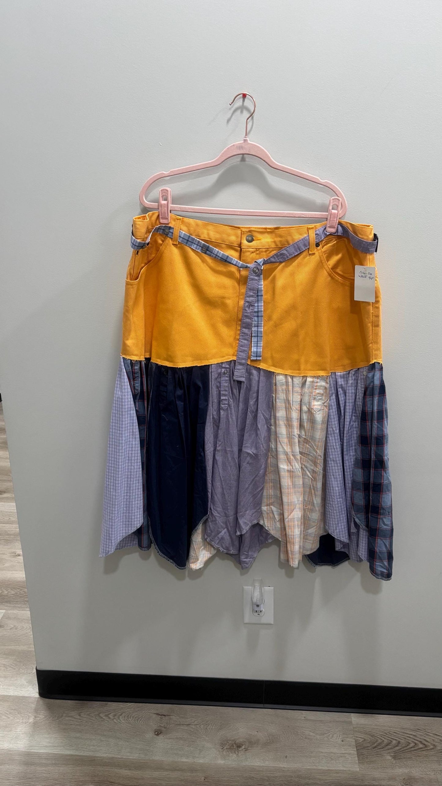 Reworked Denim Skirt | Upcycled Jeans & Mens Shirt Skirt | One-of-a-Kind
