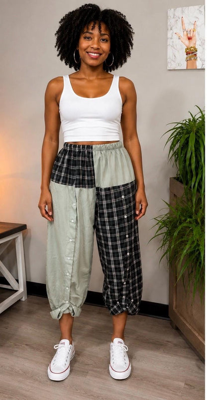 Upcycled Men’s Shirt Balloon Pants | Handmade Boho Pants | Sustainable Lounge Pants | One of a Kind Patchwork Pants