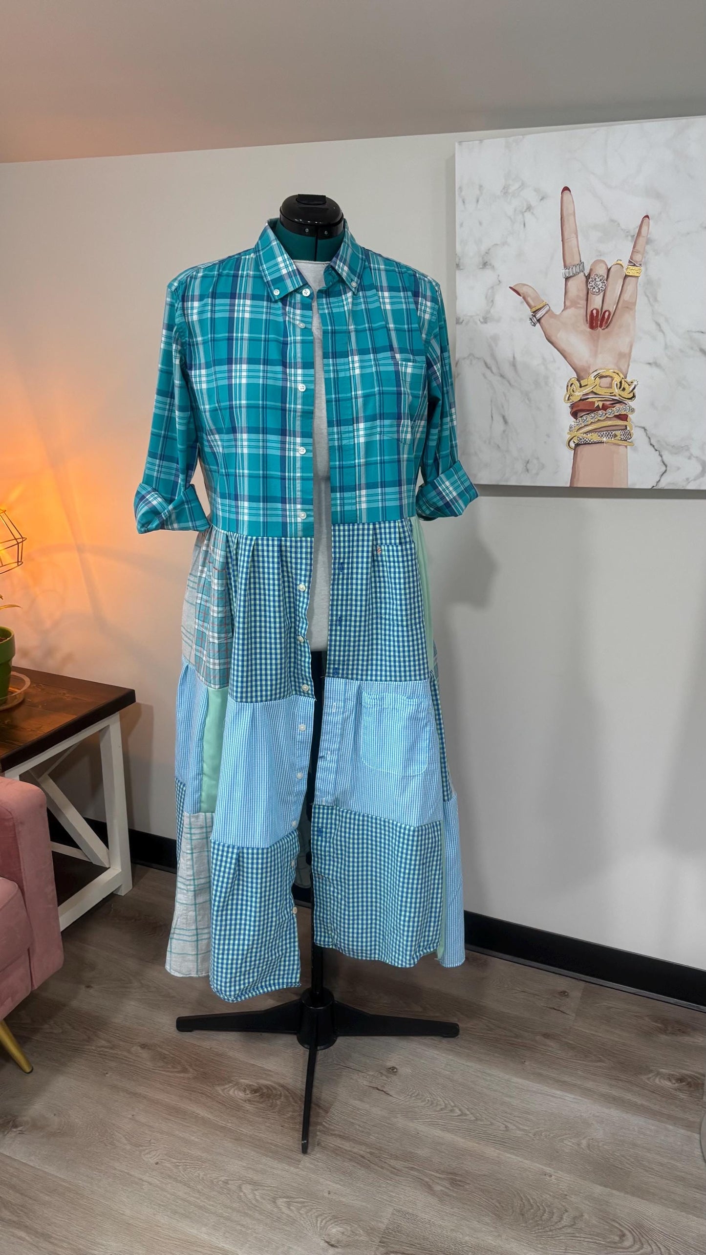 Upcycled Men’s Shirt Patchwork Duster • One of a Kind Plaid Dress